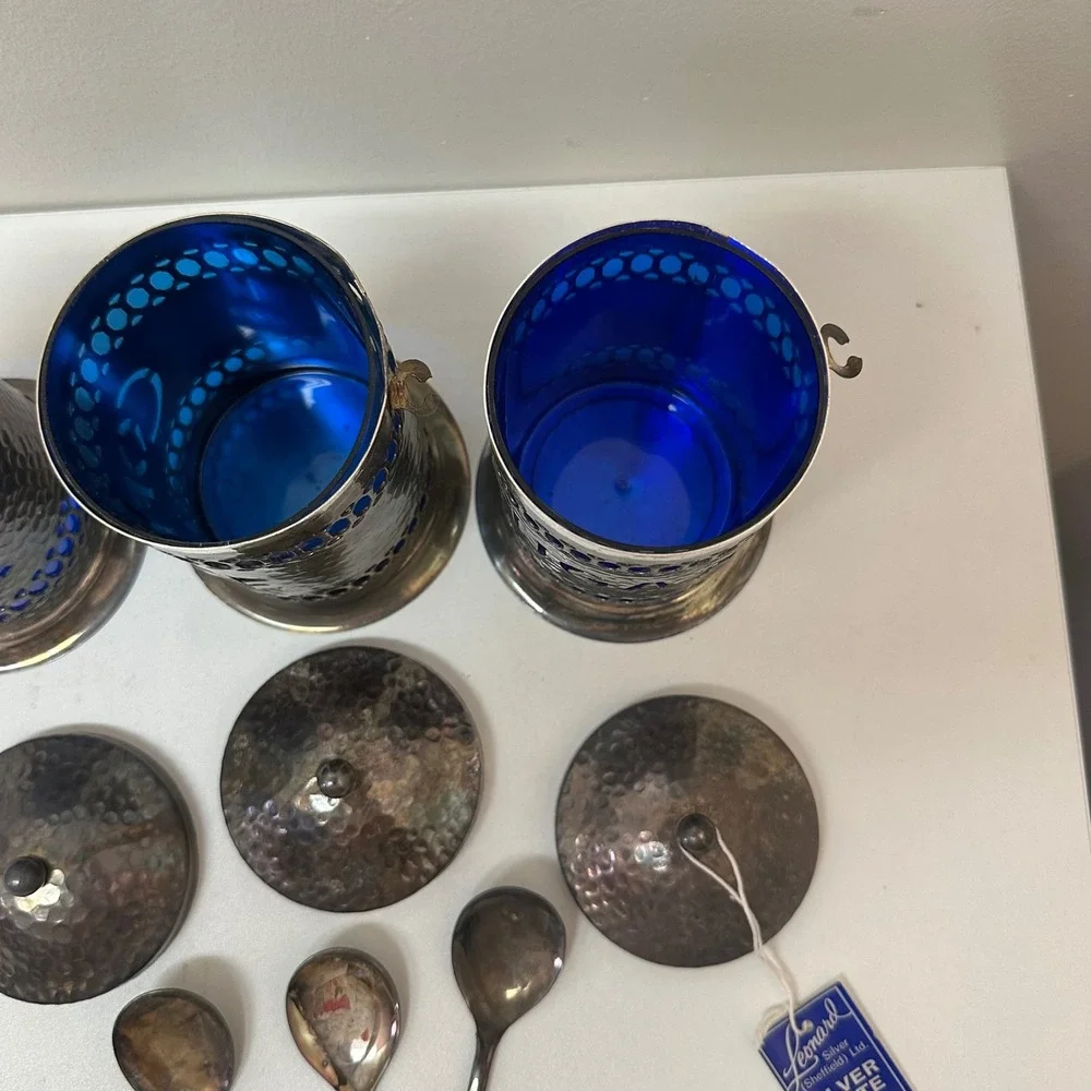 Leonard Silver Sheffield Cobalt Blue Glass Tea Coffee Sugar Canister Set 3pc